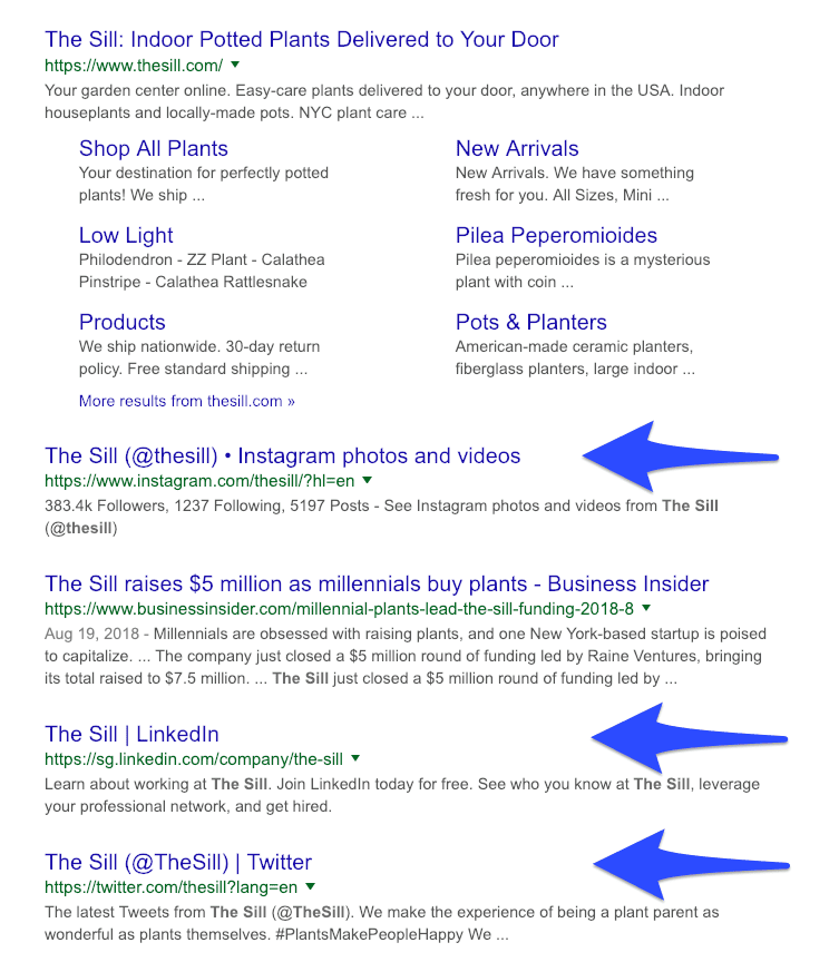 Social media profiles on Google search results
